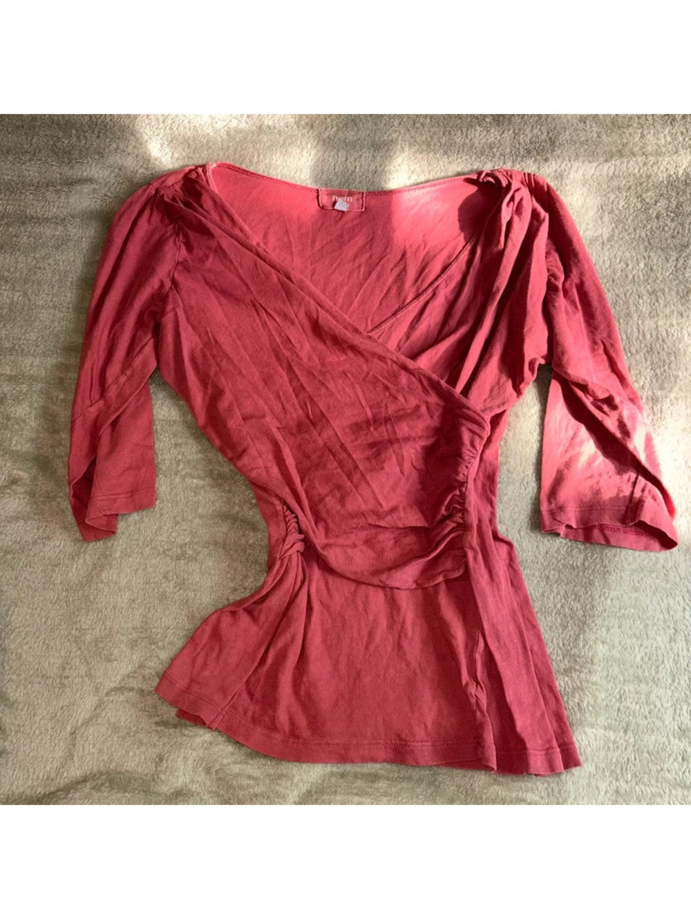 Pink Coral Quarter Sleeve Y2K CrossOver V Neck Top - Picture 2 of 4